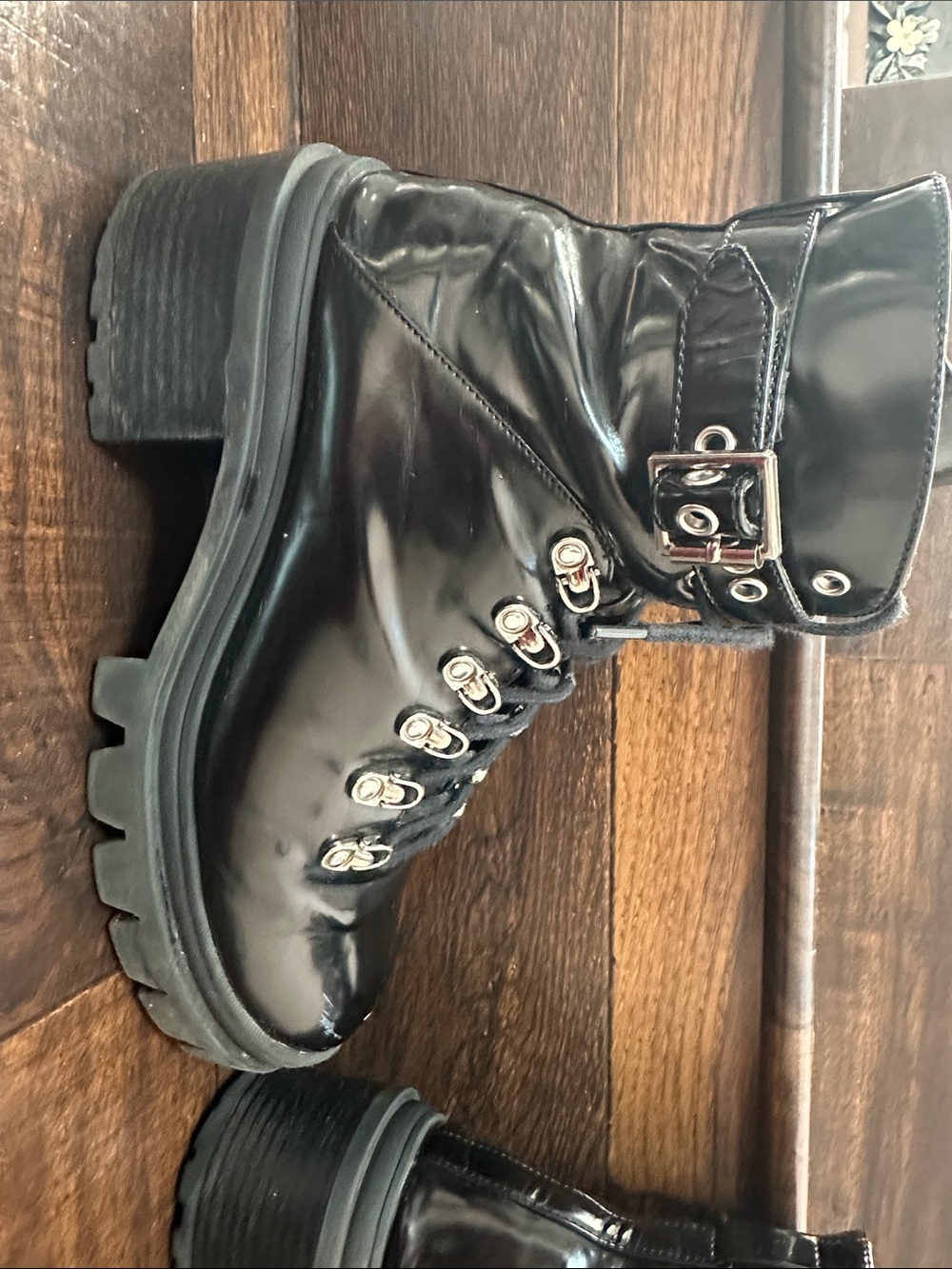 Jeffrey Campbell Black Patent Lace-Up Lug Boot with Buckle - Picture 4 of 9
